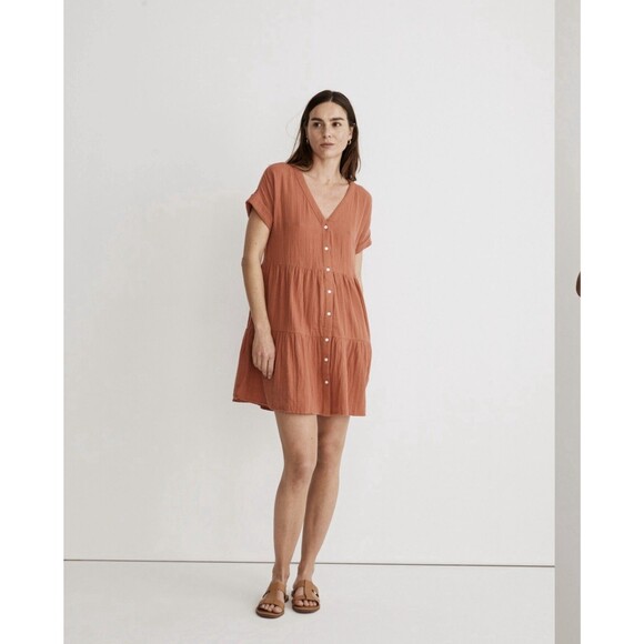 Madewell Lightspun Cuff Sleeve Button Front Tiered Dress Orange V Neck Medium - Picture 1 of 14